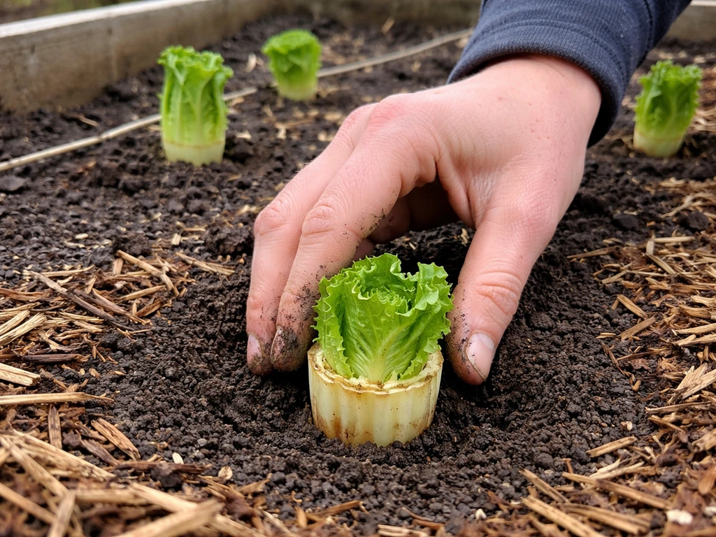 Hand plants a romaine base into a mulched outdoor bed with soil covering crown correctly in cool weather.
