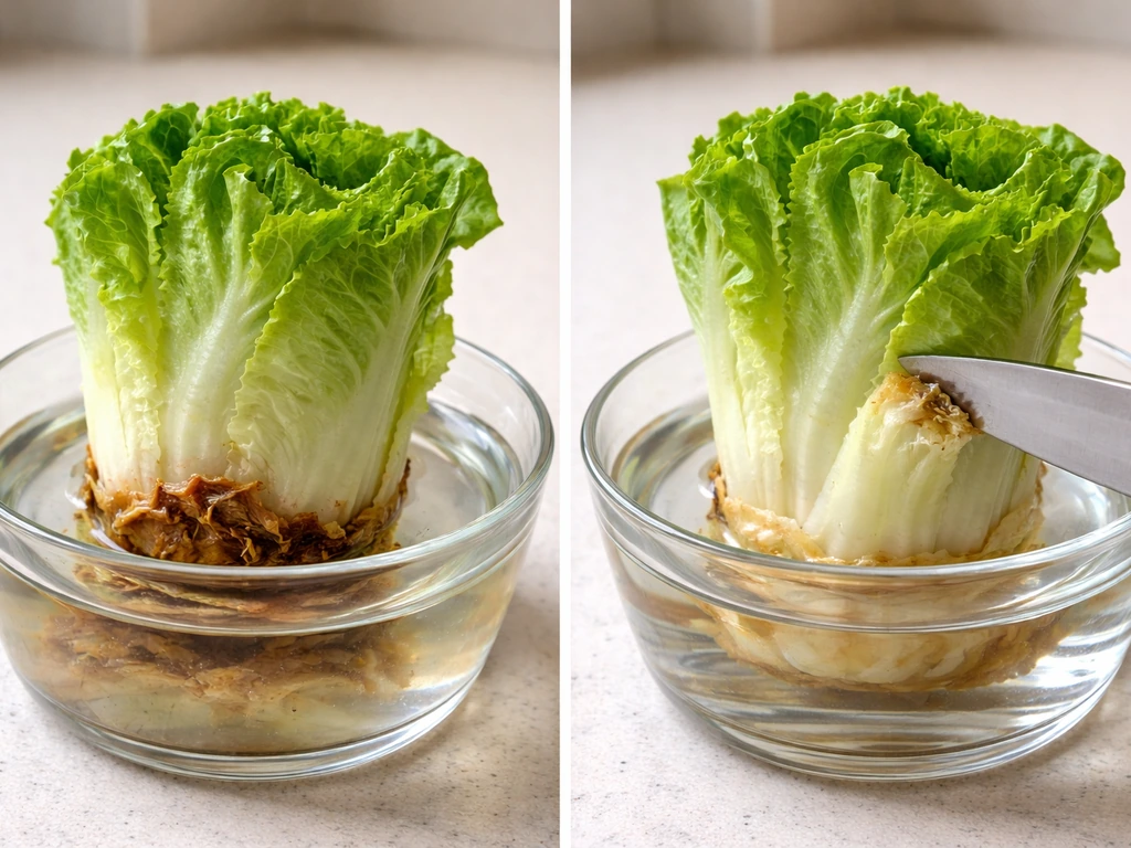 Close-up of romaine base in water showing brown slimy rot and a healthy pale cut end with trimming.