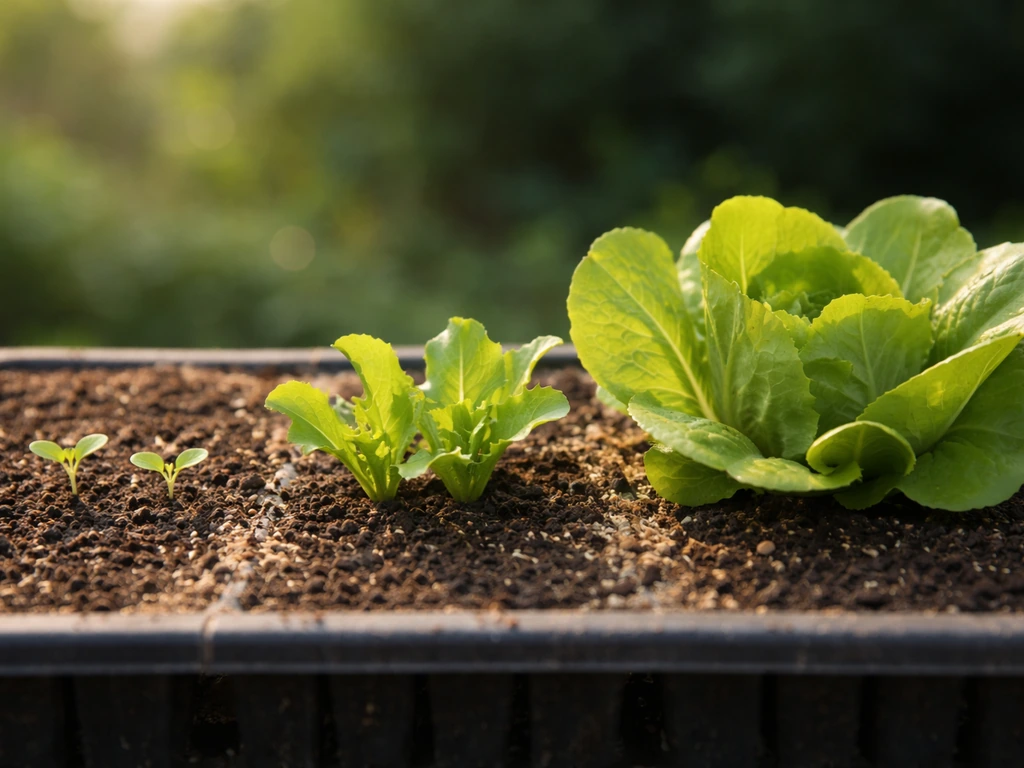 Three lettuce plants side by side showing seedling, young leaves, and near-harvest stages.