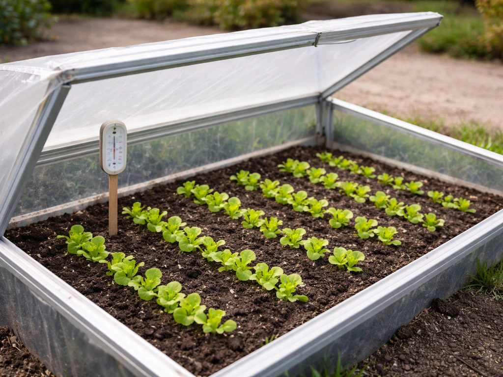 Cold frame with row cover open beside a simple analog thermometer, showing cool lettuce growing conditions