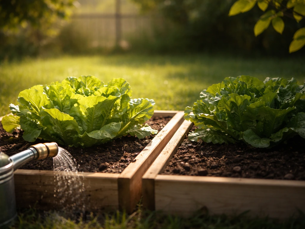 Sunlit and shaded lettuce side-by-side with gentle watering near the sunlit bed.
