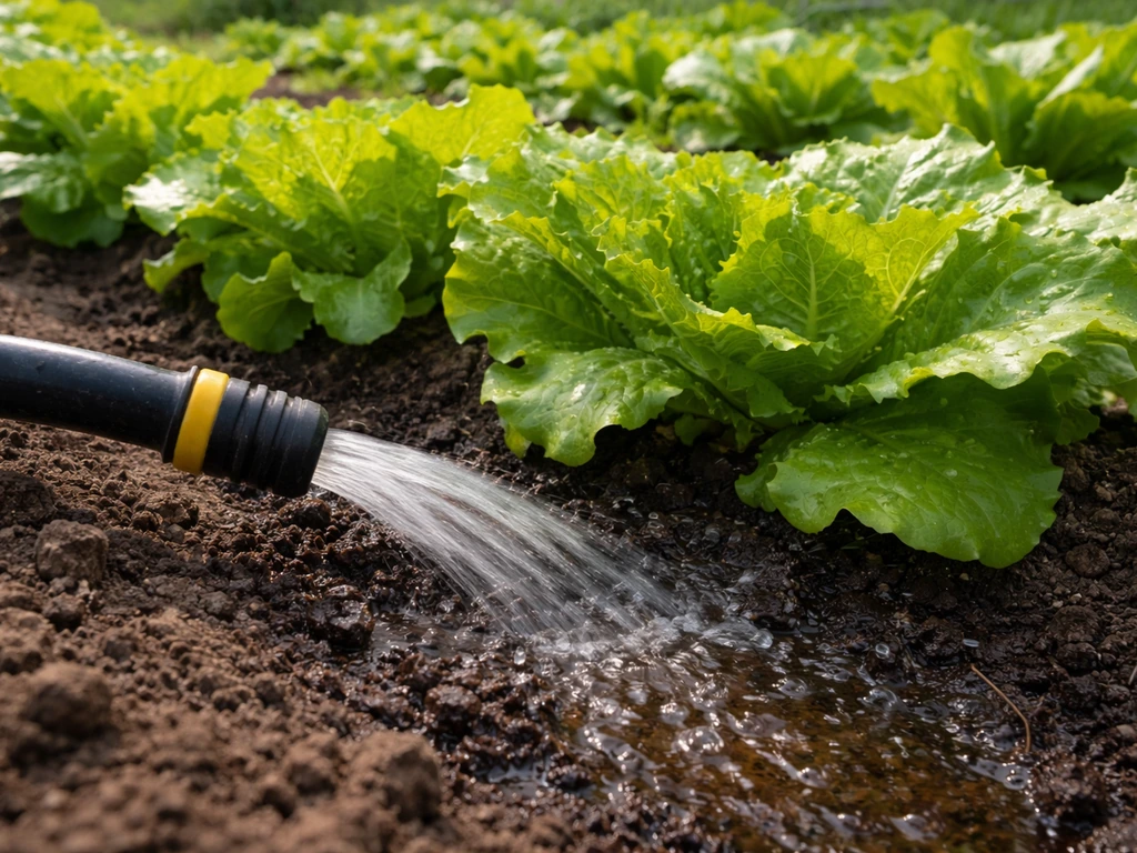 Hose watering lettuce bed, with damp soil visible near the surface to suggest shallow root moisture.