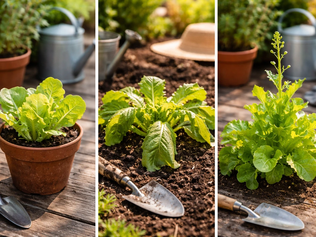 Three small photo panels of lettuce issues: stunted pale leaves, heat-stressed leaves, and early bolting stalk.