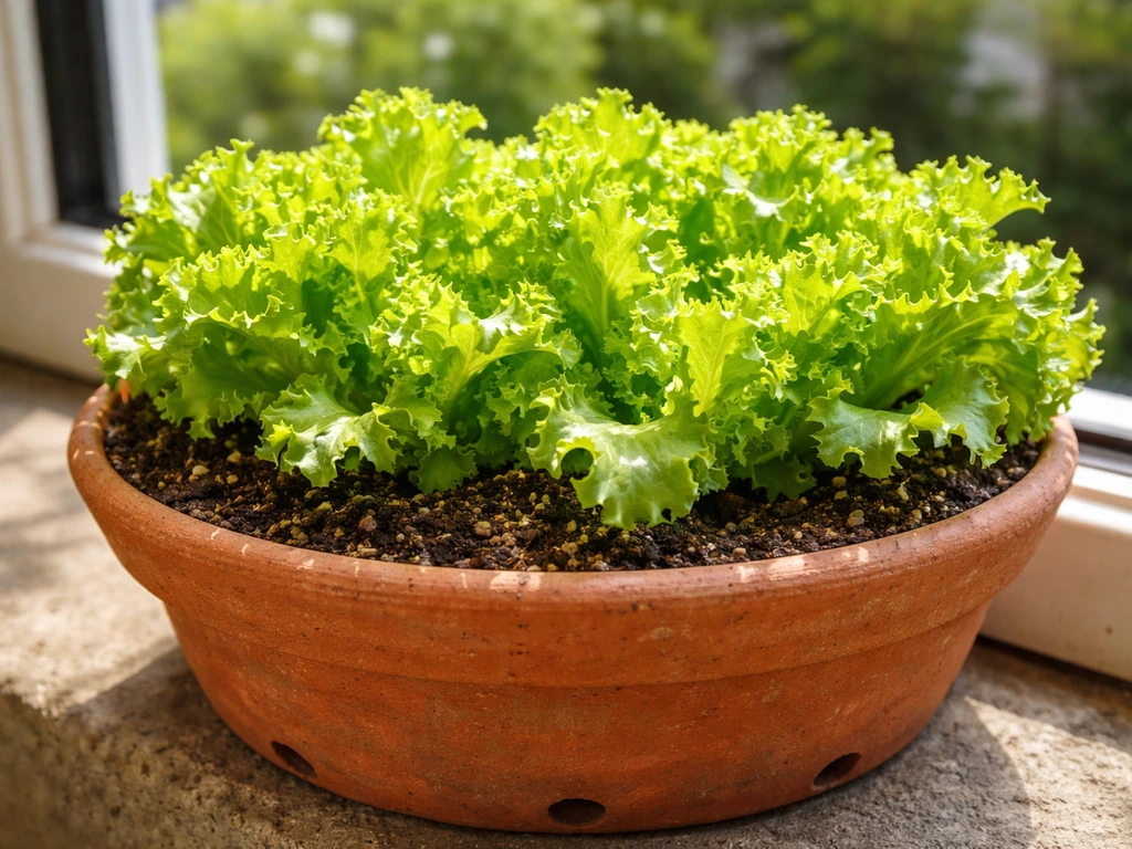 Vibrant leaf lettuce growing in a clay pot with visible drainage holes on a windowsill/patio.