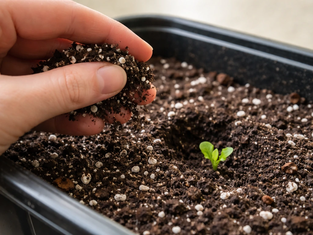 Hand sprinkling lightweight potting mix into a container with textured soil near lettuce planting area.