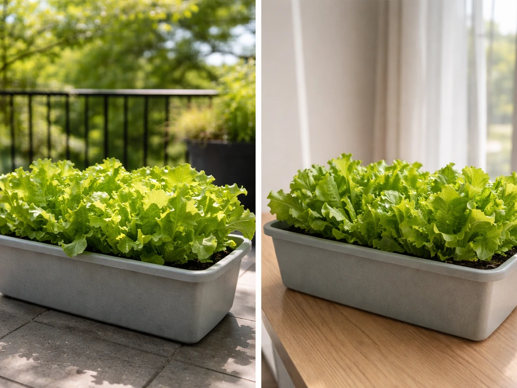 Split view of container lettuce outdoors in sun/partial shade and indoors by a window