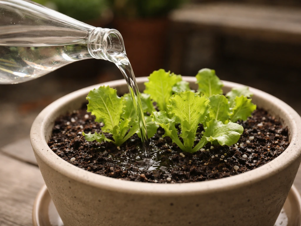 Watering a lettuce pot with a watering can, soil looks moist but not saturated.