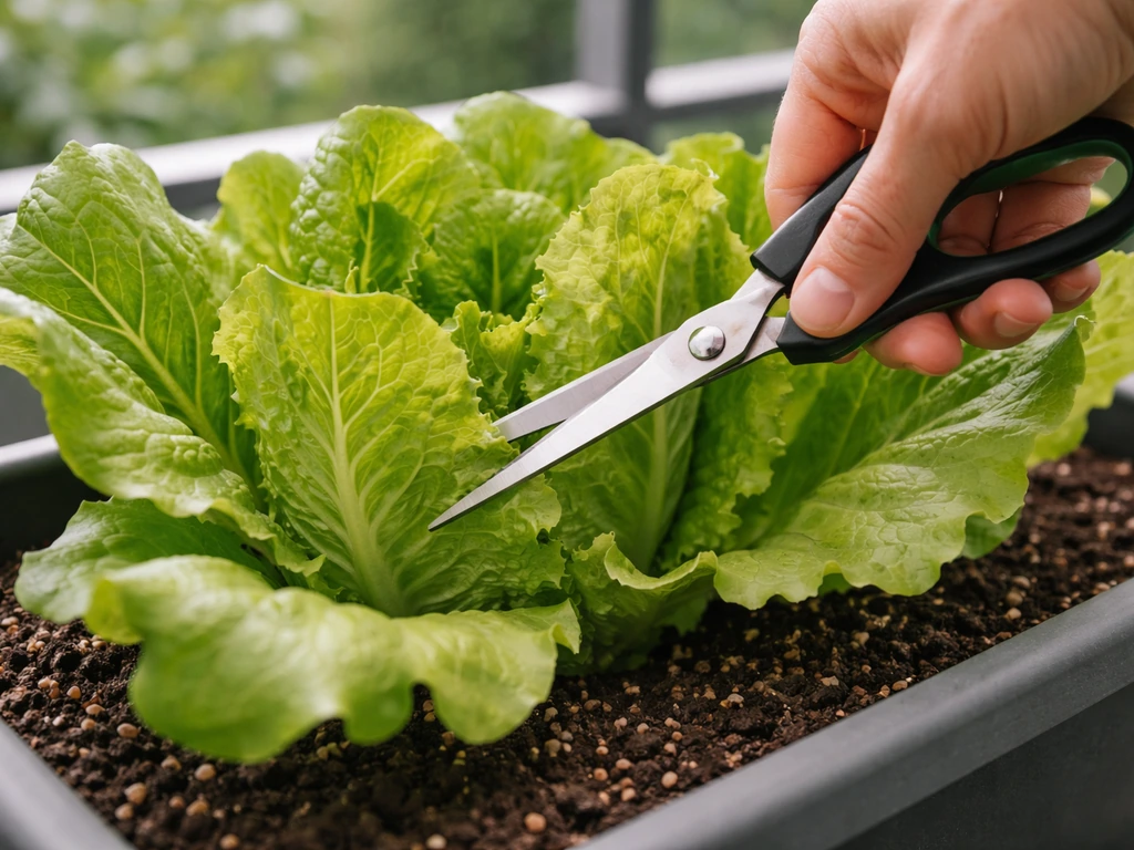 Gardener trimming outer lettuce leaves above soil in a container garden using cut-and-come-again method