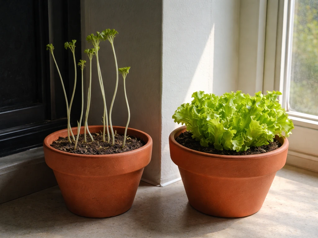 Leggy pale lettuce in a dim spot beside a healthy bright, well-lit lettuce pot indoors