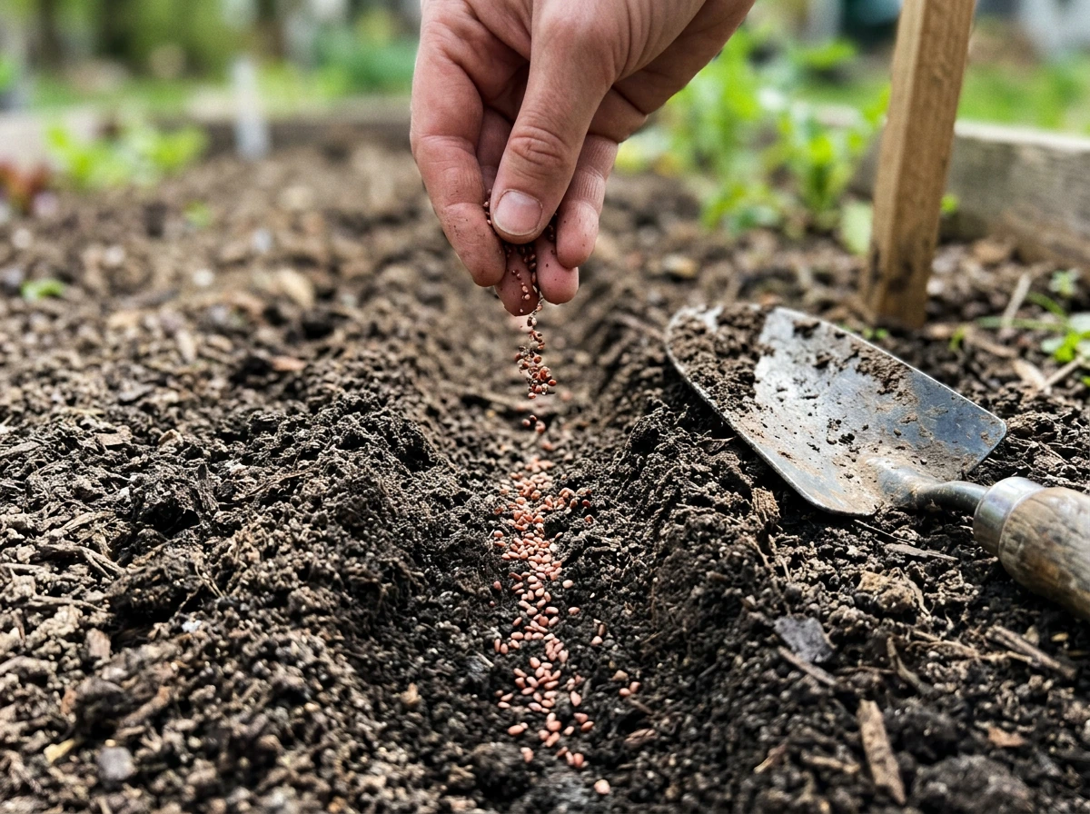 Direct seeding lettuce seeds in a shallow furrow with light soil cover.