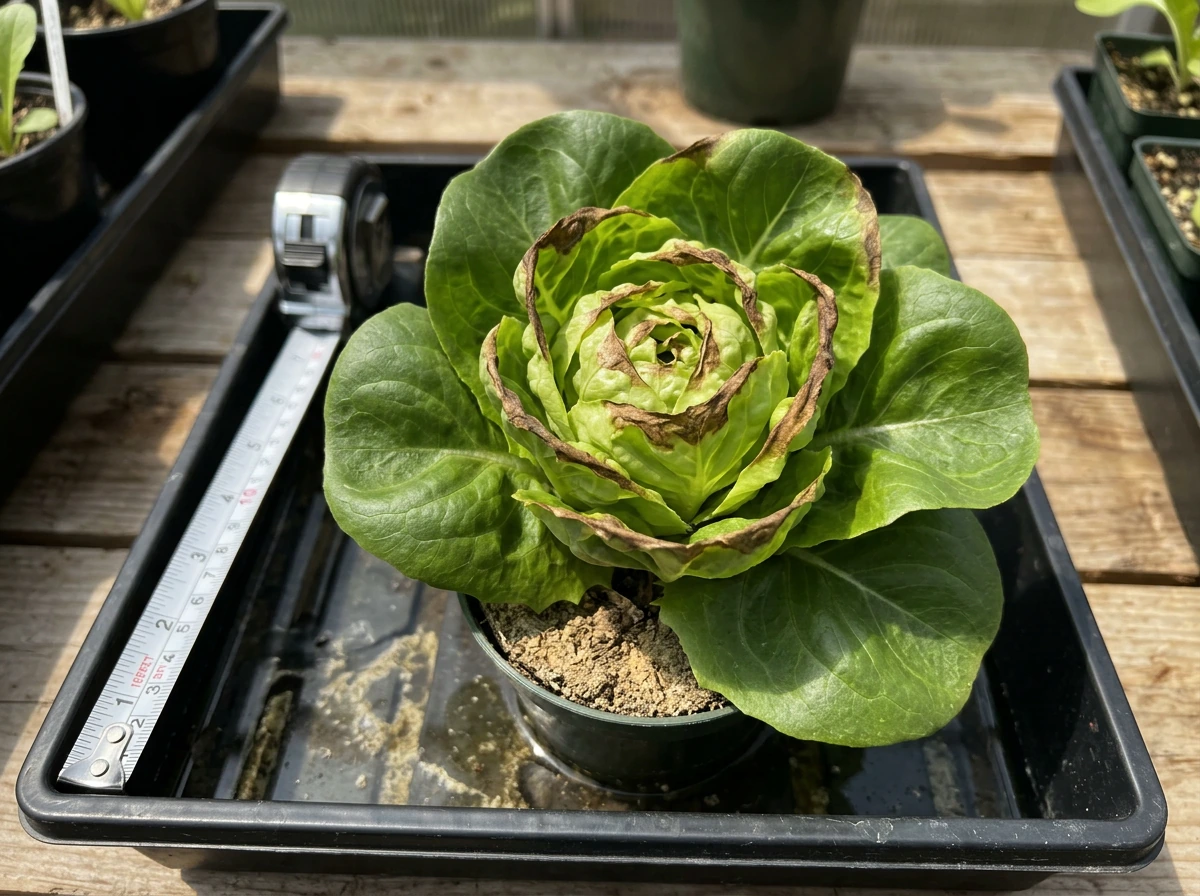 Close-up of lettuce tipburn with browned leaf edges on inner leaves.