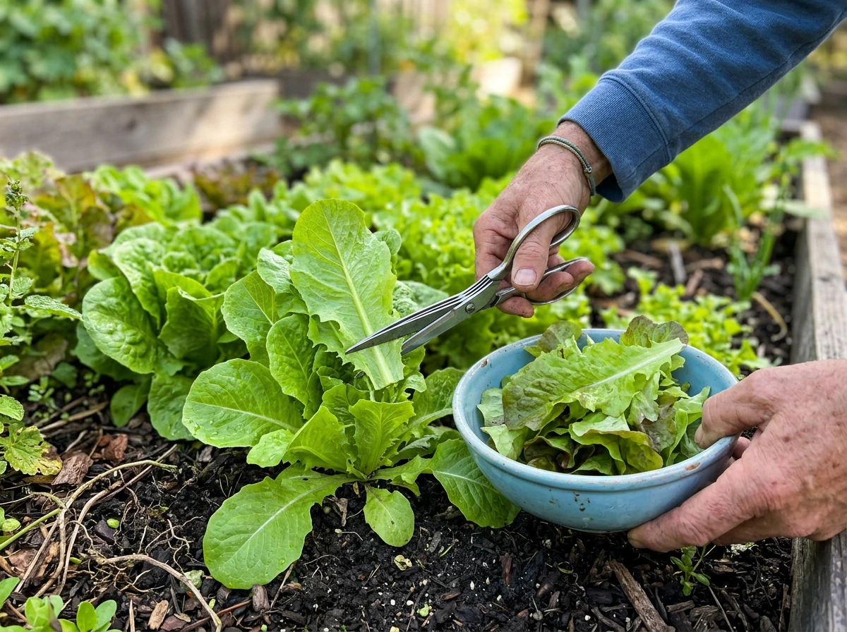Cutting loose-leaf lettuce for harvest with leaves collected in a bowl.