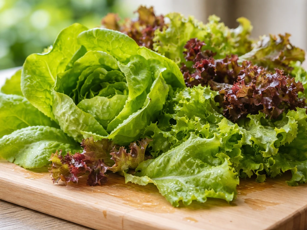 Freshly harvested gourmet lettuce leaves on a kitchen counter in soft natural light.