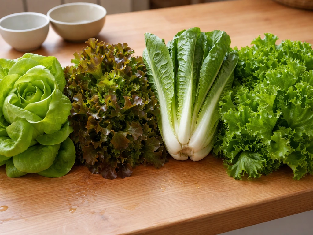 Fresh butterhead, oakleaf, romaine, and loose-leaf lettuce arranged side-by-side on a wooden counter.