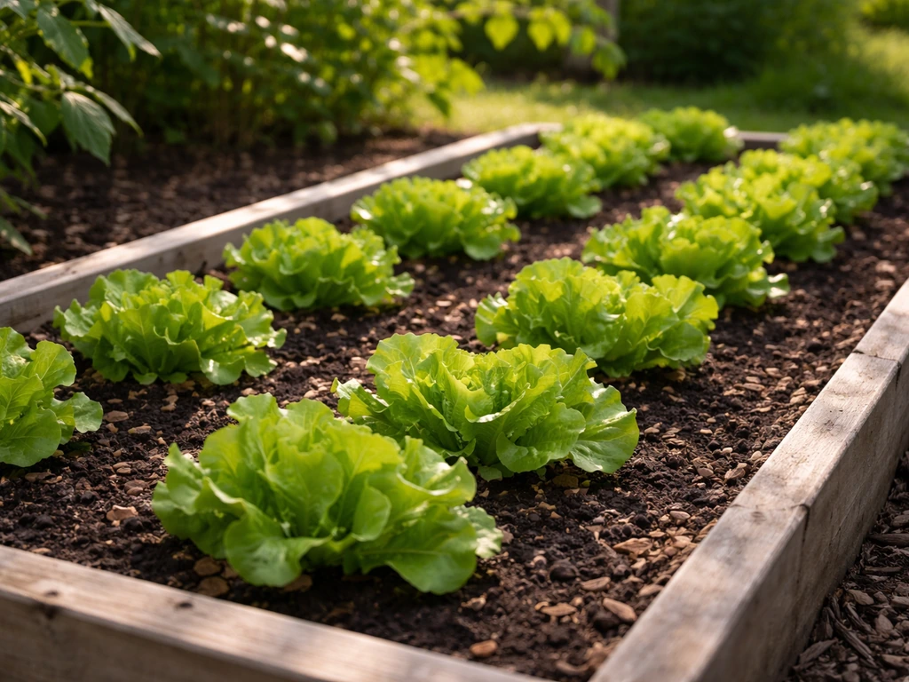 Outdoor garden bed with rows of lettuce, partially shaded by taller plants, spaced for healthy growth.