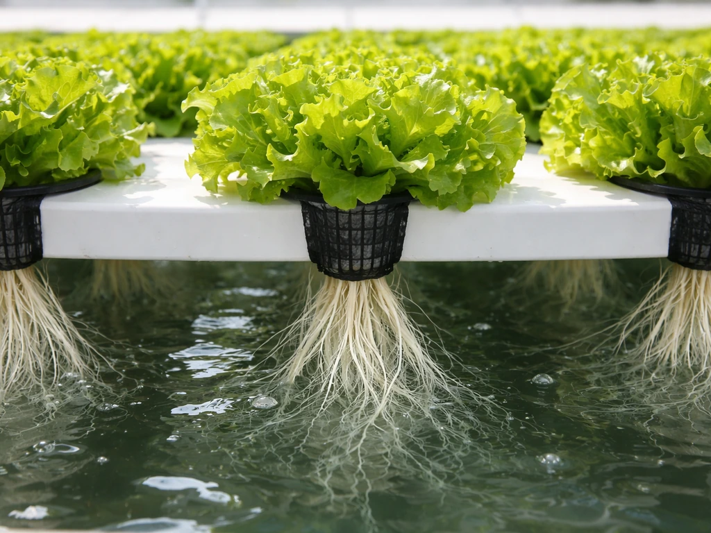 Green hydroponic lettuce with visible roots in clear water inside a simple DWC grow channel