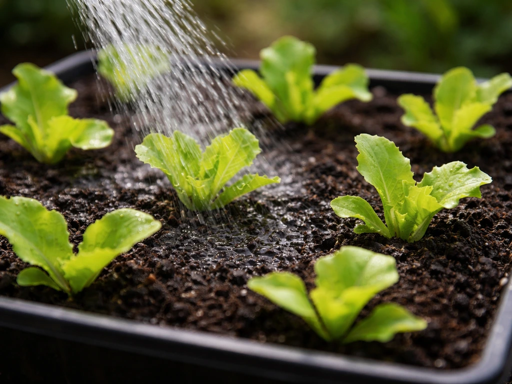 Gentle watering of young lettuce seedlings with a light stream keeping the soil moist without soaking leaves.