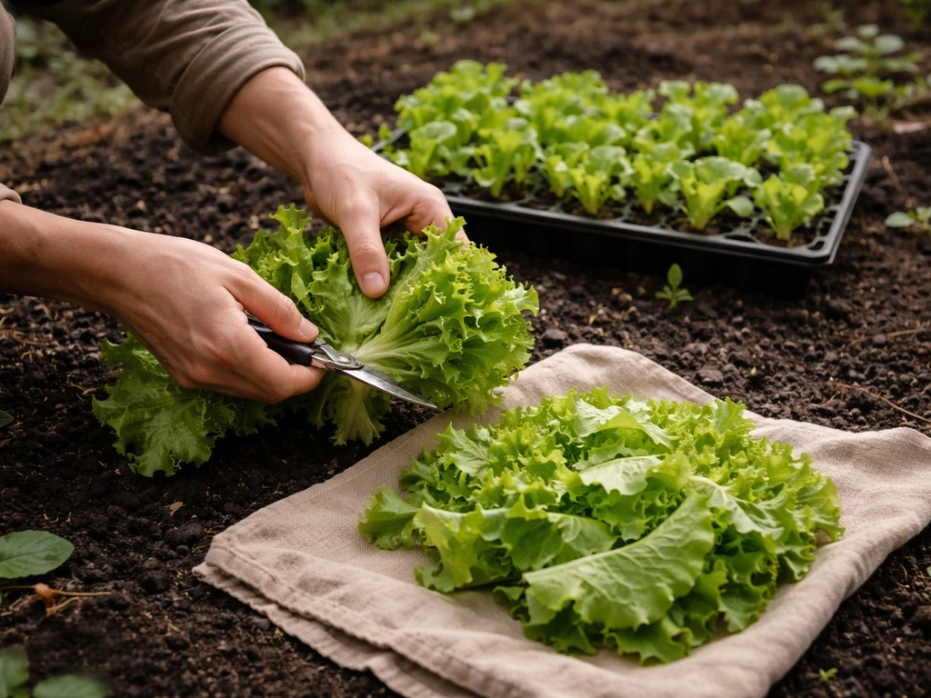 Close-up of leaf lettuce being harvested with a few cut outer leaves and a nearby tray of fresh seedlings.