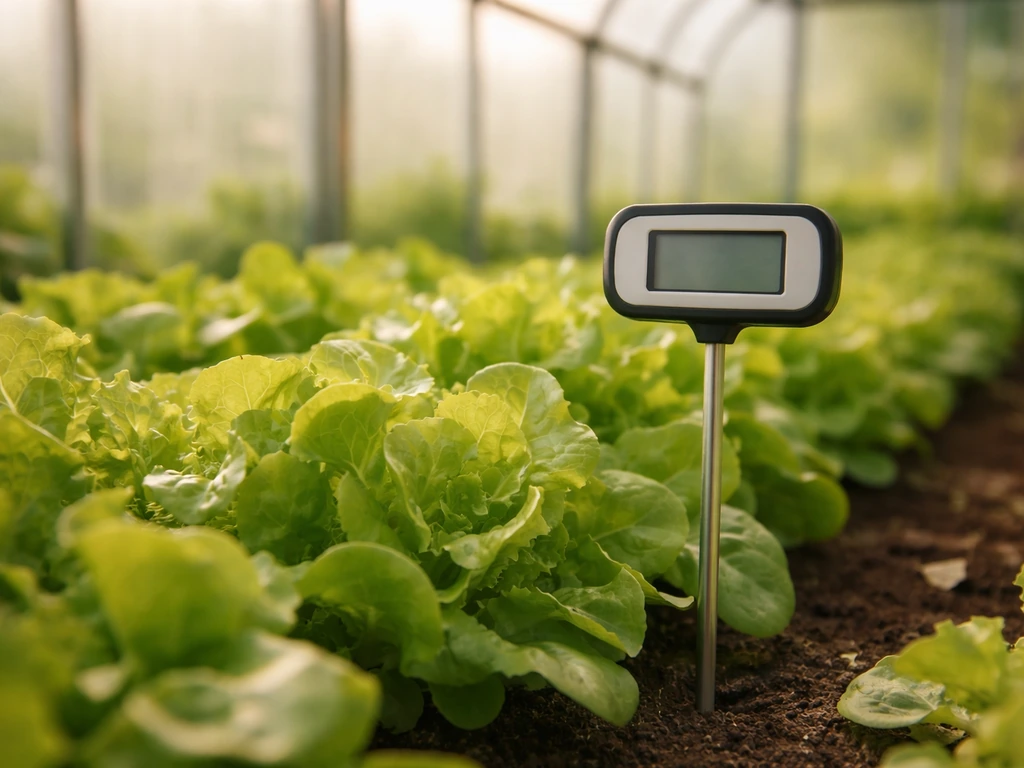 Green lettuce inside a greenhouse with a small thermometer gauge nearby, natural light, minimal scene.