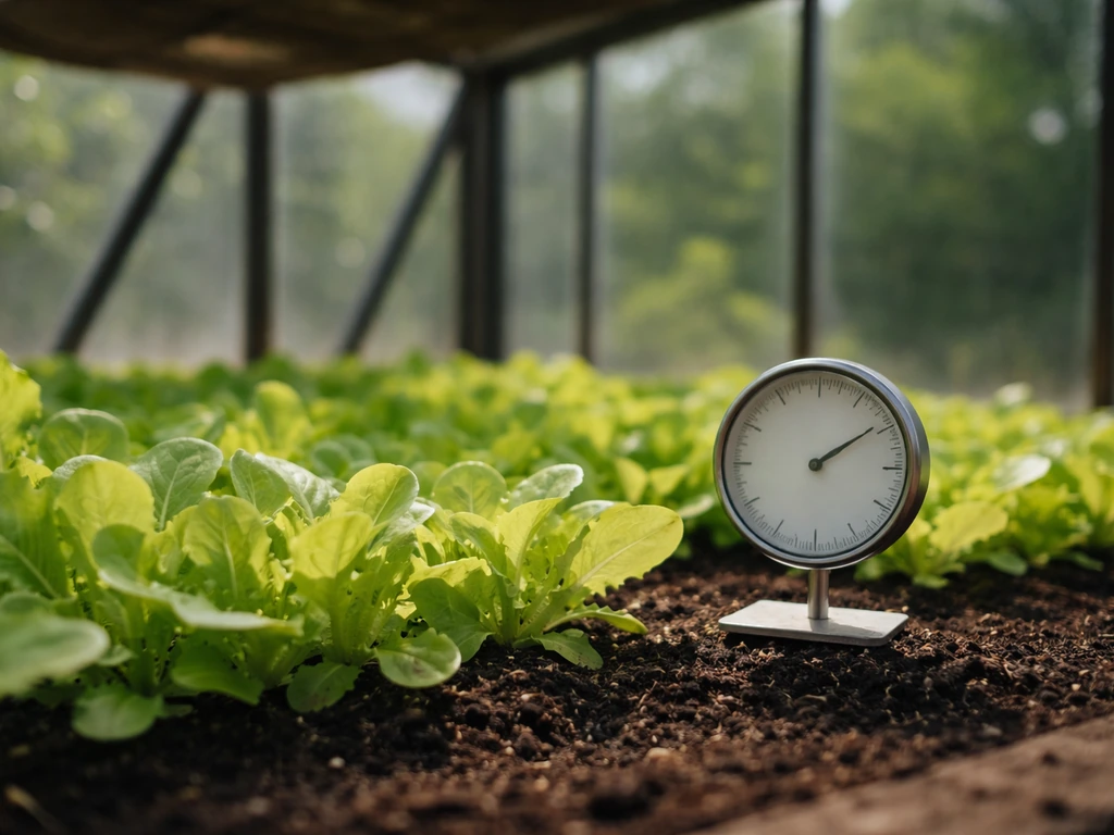 Young lettuce in a greenhouse, soft filtered daylight, with an analog light meter near the plants.