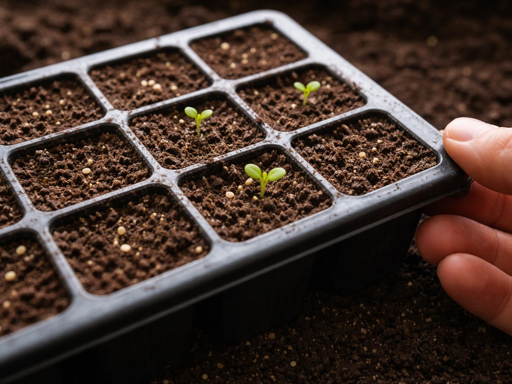 Close-up of lettuce seeds and tiny seedlings in a cell seed tray filled with fine compost