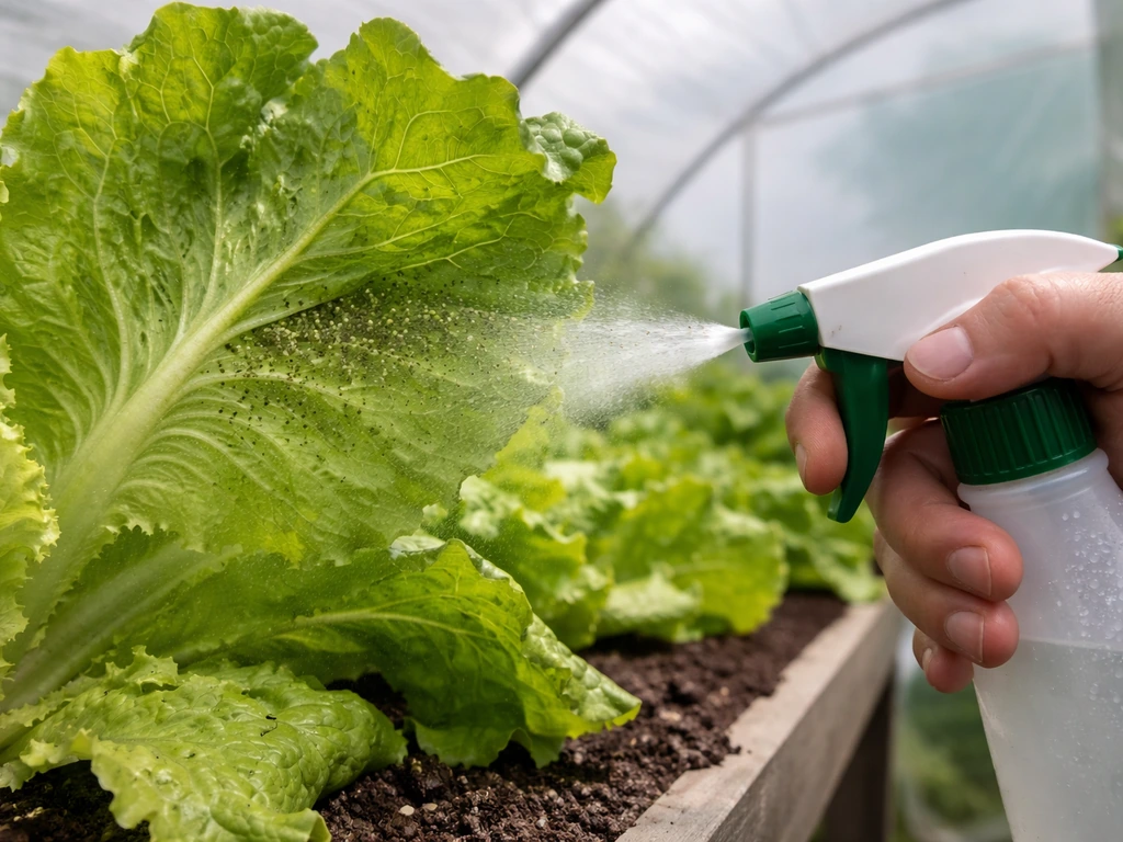 Greenhouse lettuce leaves with aphids on the underside as a gardener gently sprays an insecticidal soap mist.
