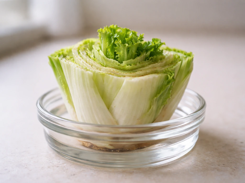 Close-up of a romaine stump base in a shallow jar setup with trimmed outer leaves regrowing.