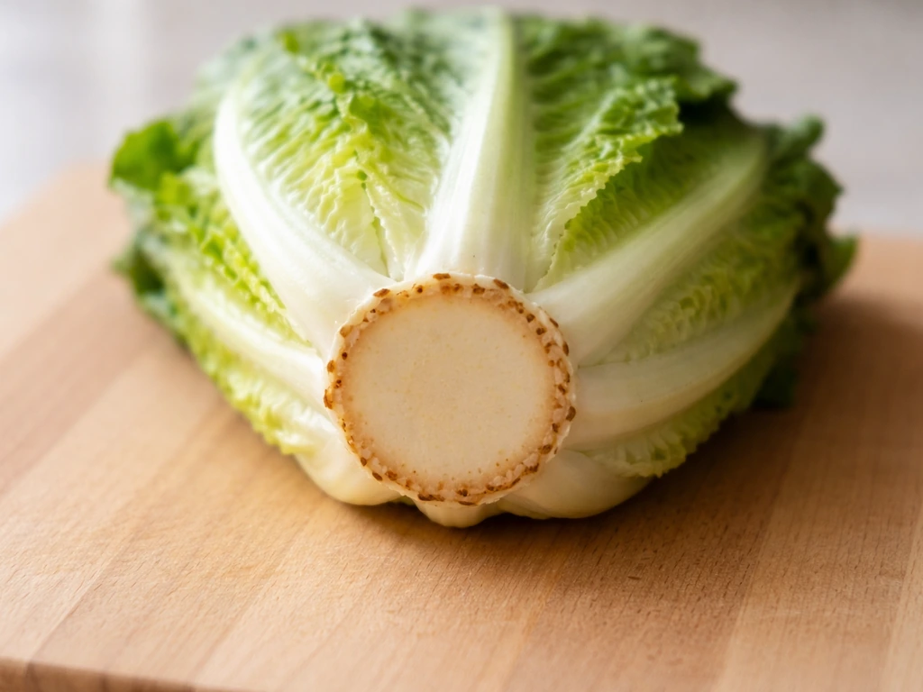 Close-up of trimmed romaine lettuce stump base with pale crown center and clean cut edges