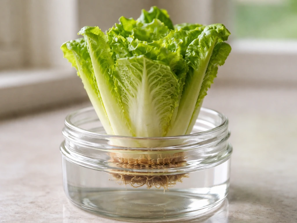 Romaine stump base resting in a shallow jar with about half an inch of room-temperature water.