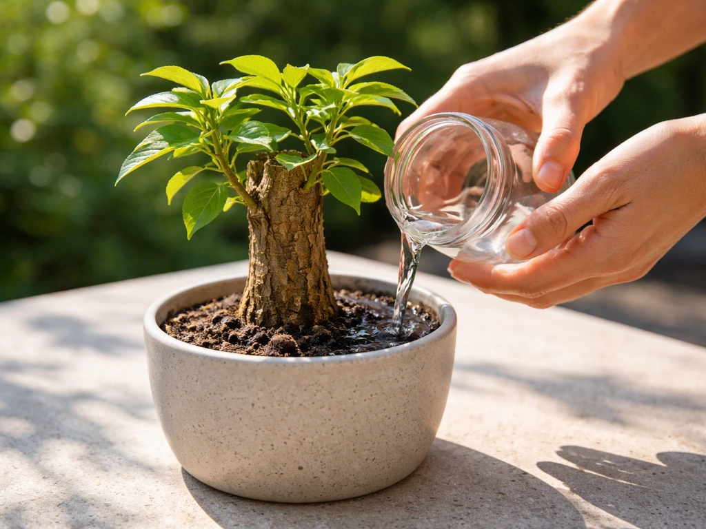 Close-up of a plant stump under bright light with hands refreshing water carefully.