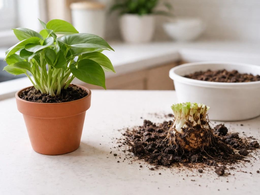 Close-up of a plant crown base comparison: one firm and healthy, one soft and mushy in a removed plant pot.