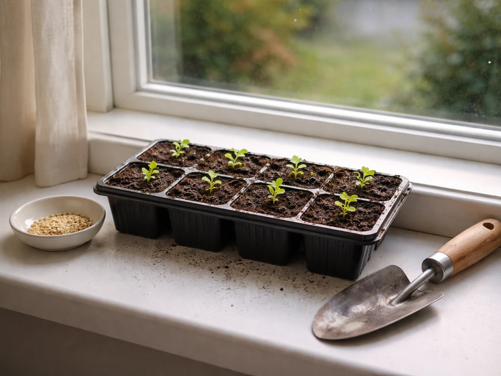 Lettuce seedling trays on a windowsill with a small garden trowel, showing spring sowing ambiance