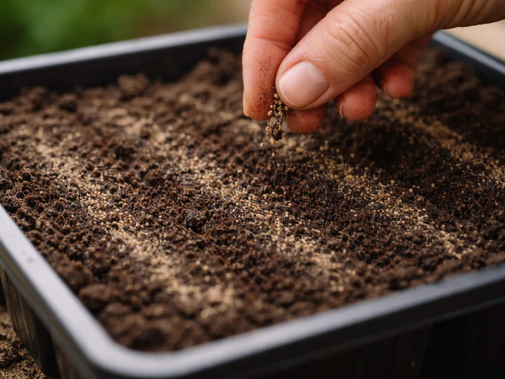 Close-up of tiny lettuce seeds lightly scattered on pre-watered compost in a seed tray.