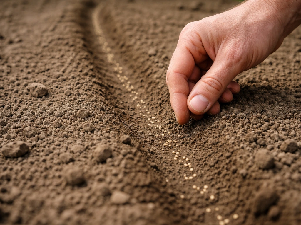 Hand sowing tiny seeds along a shallow 1cm drill in fine tilled garden soil outdoors.