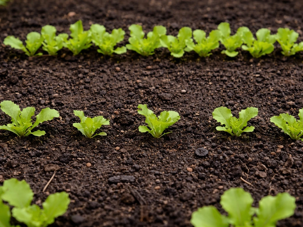 Lettuce seedlings in a small garden bed with clearly thinned spacing and visible gaps.