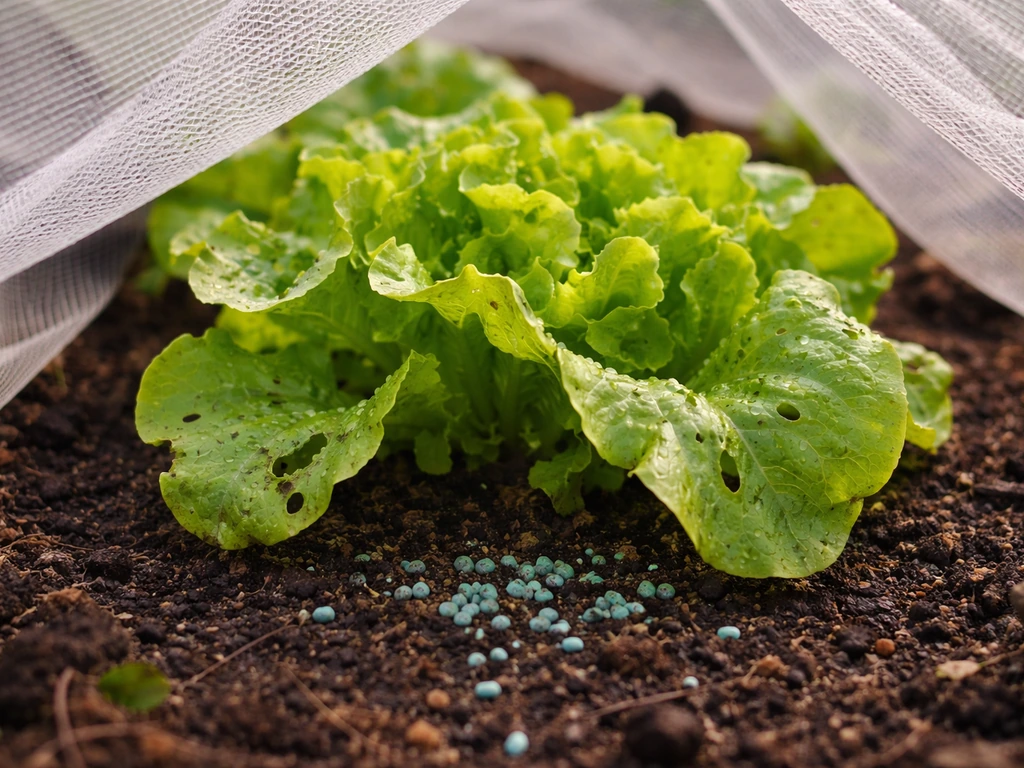 Young lettuce under netting with slug damage and ferric phosphate pellets near the base.