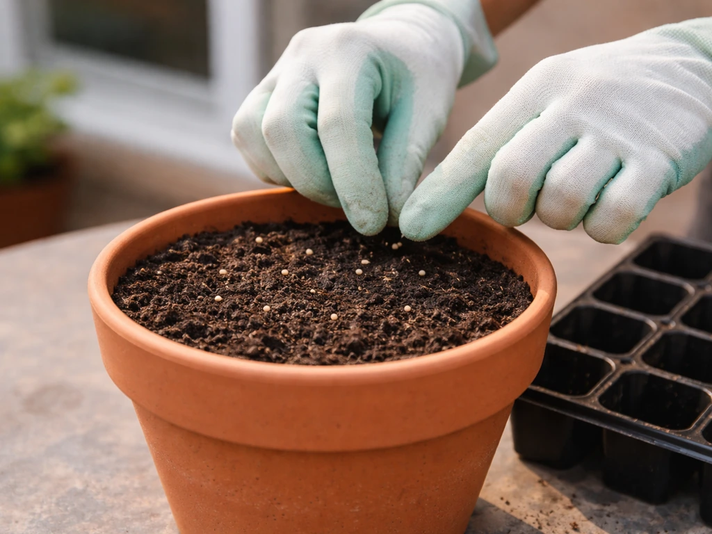 Hand placing lettuce seeds into pot soil with visible spacing, ready for transplant or direct sowing