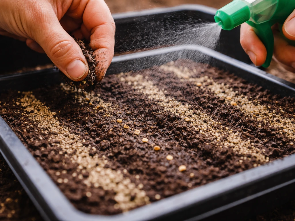 Close-up of small garden seeds covered with compost/vermiculite and gently misted with water