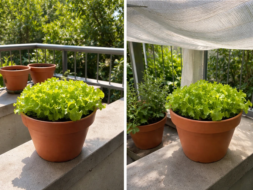 Single pot of lettuce on a balcony in sun, with a nearby shaded spot for cooler midsummer placement.