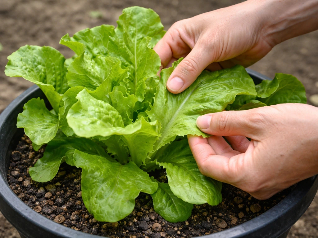 Gardener’s hands picking outer leaves from a healthy container-grown lettuce plant.