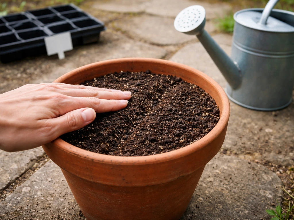 Hand sowing lettuce in a deep pot on a UK patio with a watering can nearby.