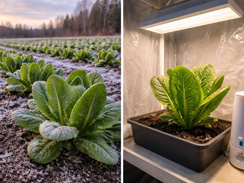 Outdoor romaine with faint frost left, indoor romaine under grow light right, showing timing to prevent bolting.