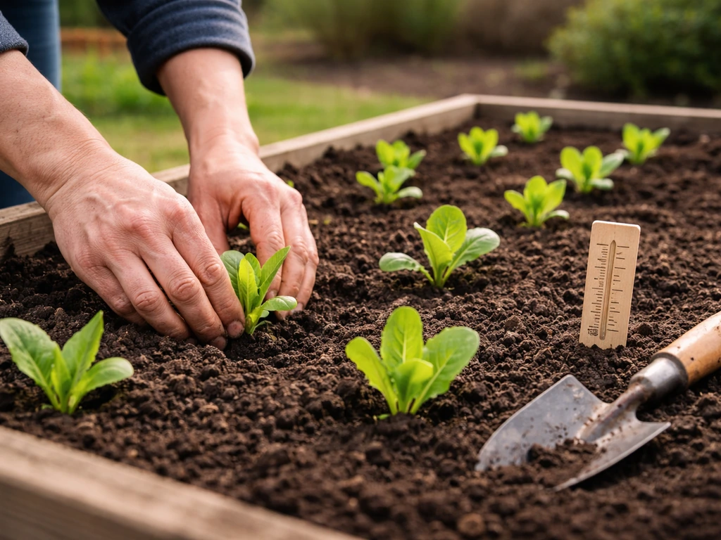 Hand placing romaine seedlings into a prepared outdoor soil bed in spring, with a nearby temperature cue marker