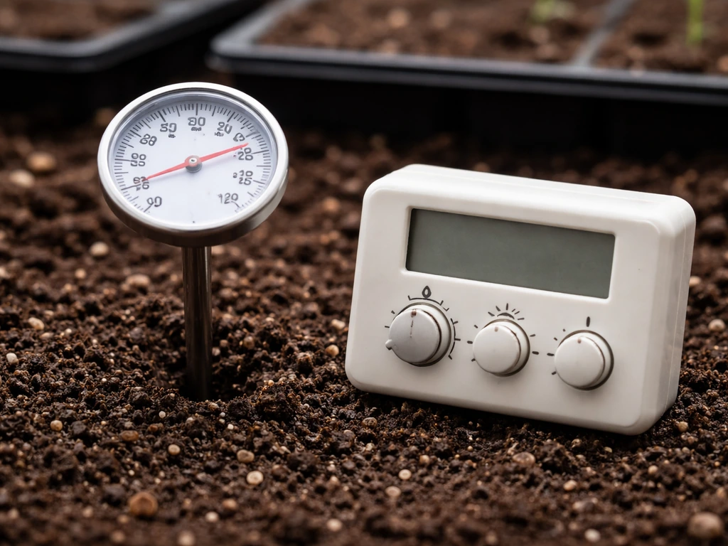 Soil thermometer probe in romaine seed-start mix beside a small lighting timer/controller in soft daylight.