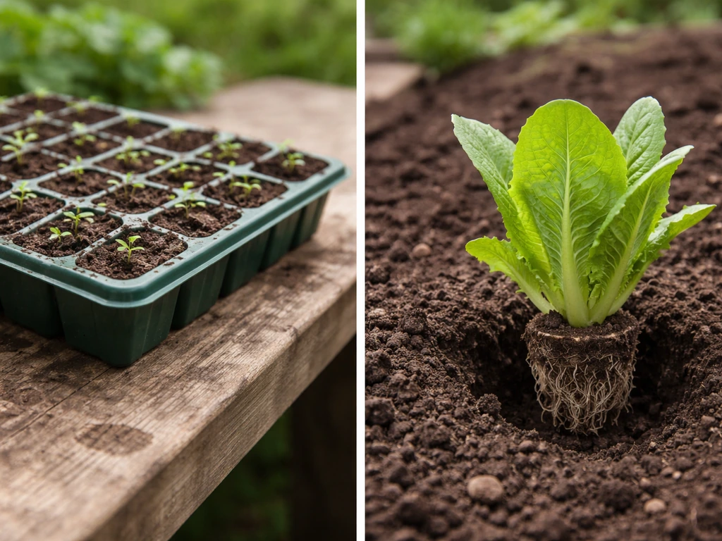 Close view of seed-start cells beside romaine transplant being planted in a garden bed