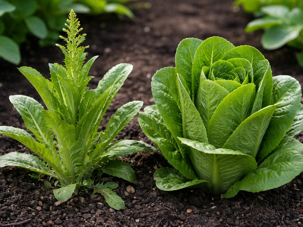 Romaine seedlings: one section leggy and bolting next to compact, healthy heads in a simple garden bed.
