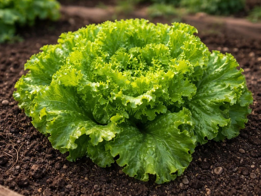 Close-up of a lush Batavia lettuce rosette growing in an outdoor bed, showing crinkled leaves.