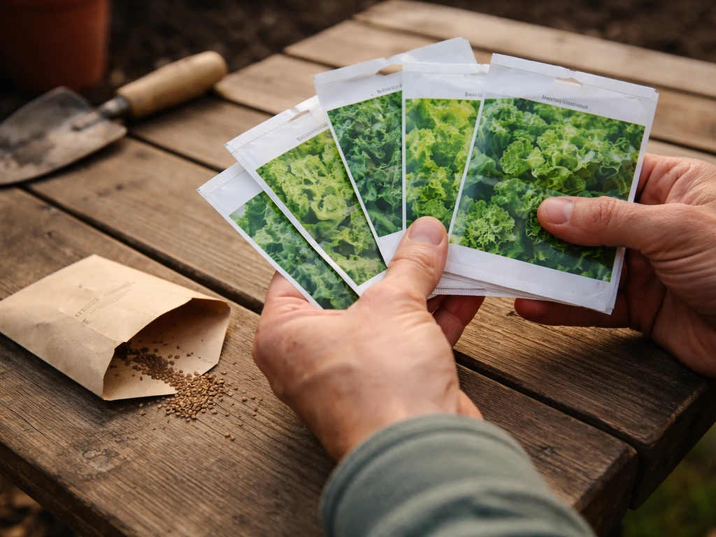 Close-up of hands selecting Batavia lettuce seed packets with heat-tolerant and bolt-resistant labels.