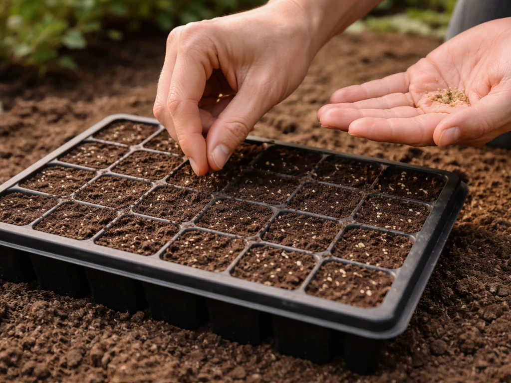 Hands sowing shallow lettuce seeds, barely covered with fine soil in an outdoor seed tray.
