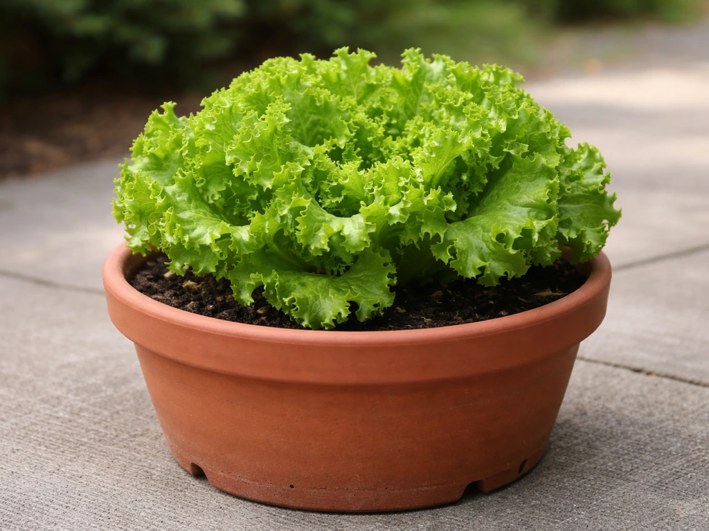 A healthy Batavia lettuce plant in a deep terracotta pot with drainage holes on an outdoor patio.